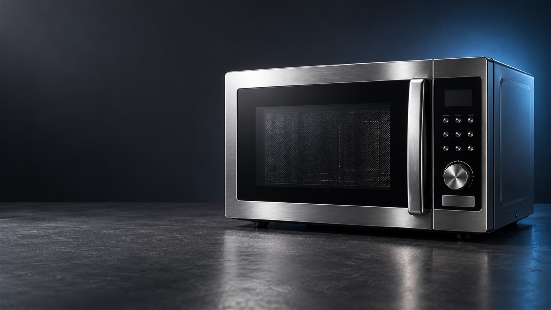 Forno de micro-ondas em aço inox com porta fechada, em imagem ilustrativa
