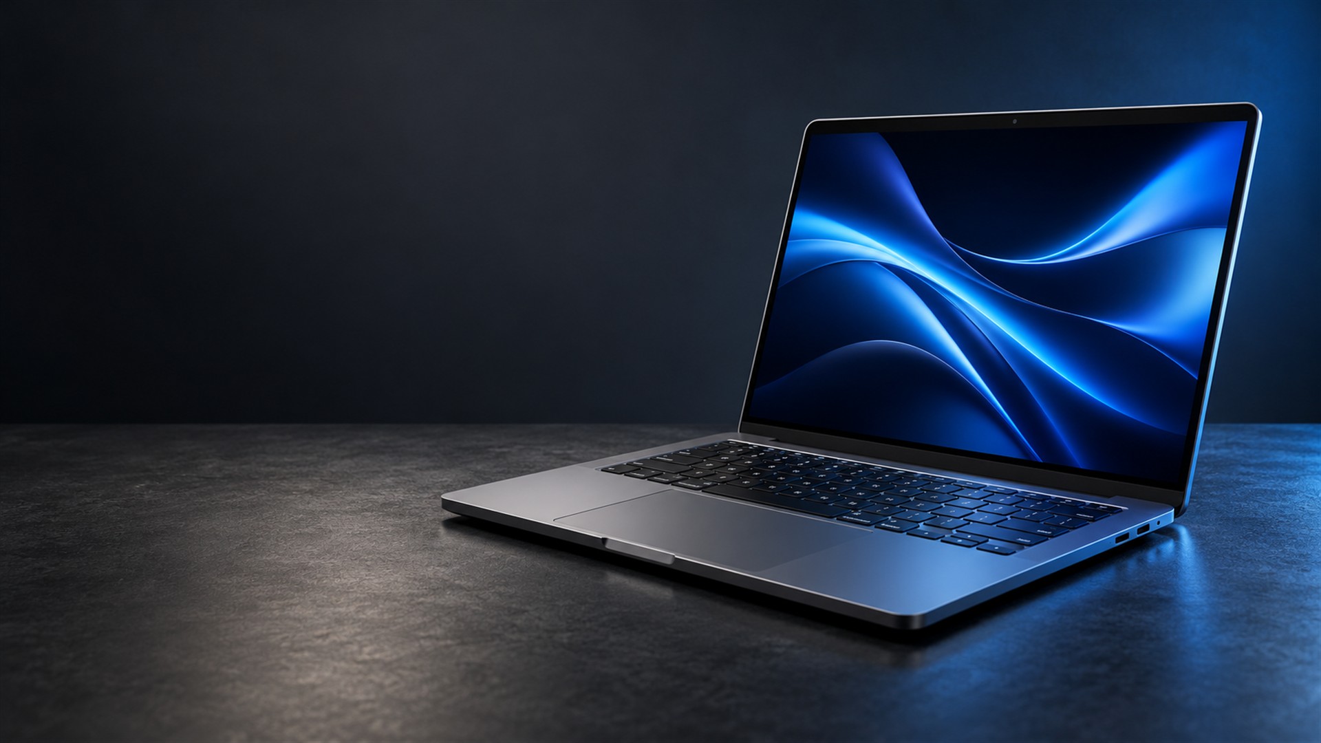 Notebook aberto com tela azul e teclado, em imagem ilustrativa