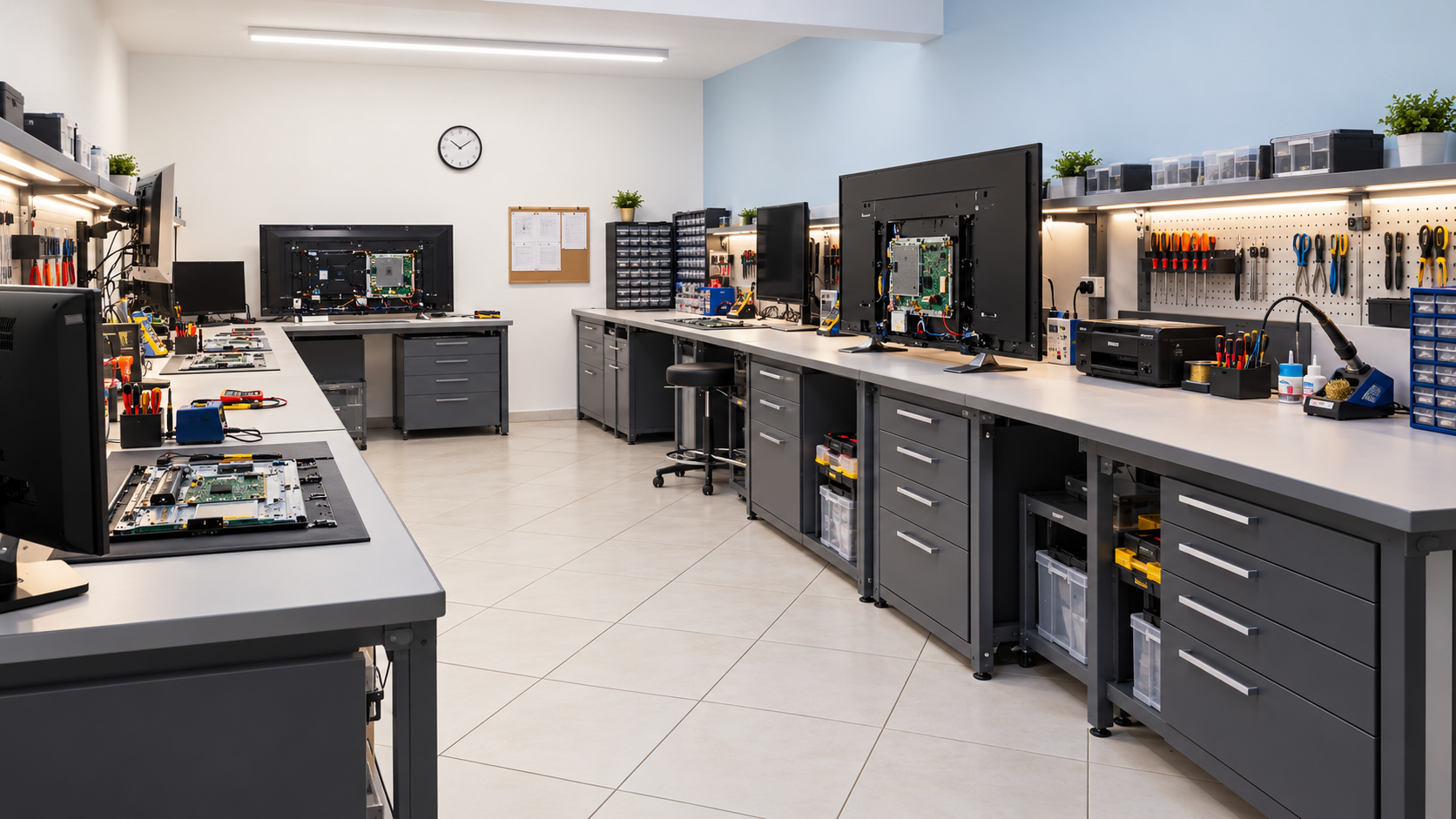 Simulação com IA da oficina modernizada da RGB Eletrônica, com bancadas e equipamentos de assistência técnica
