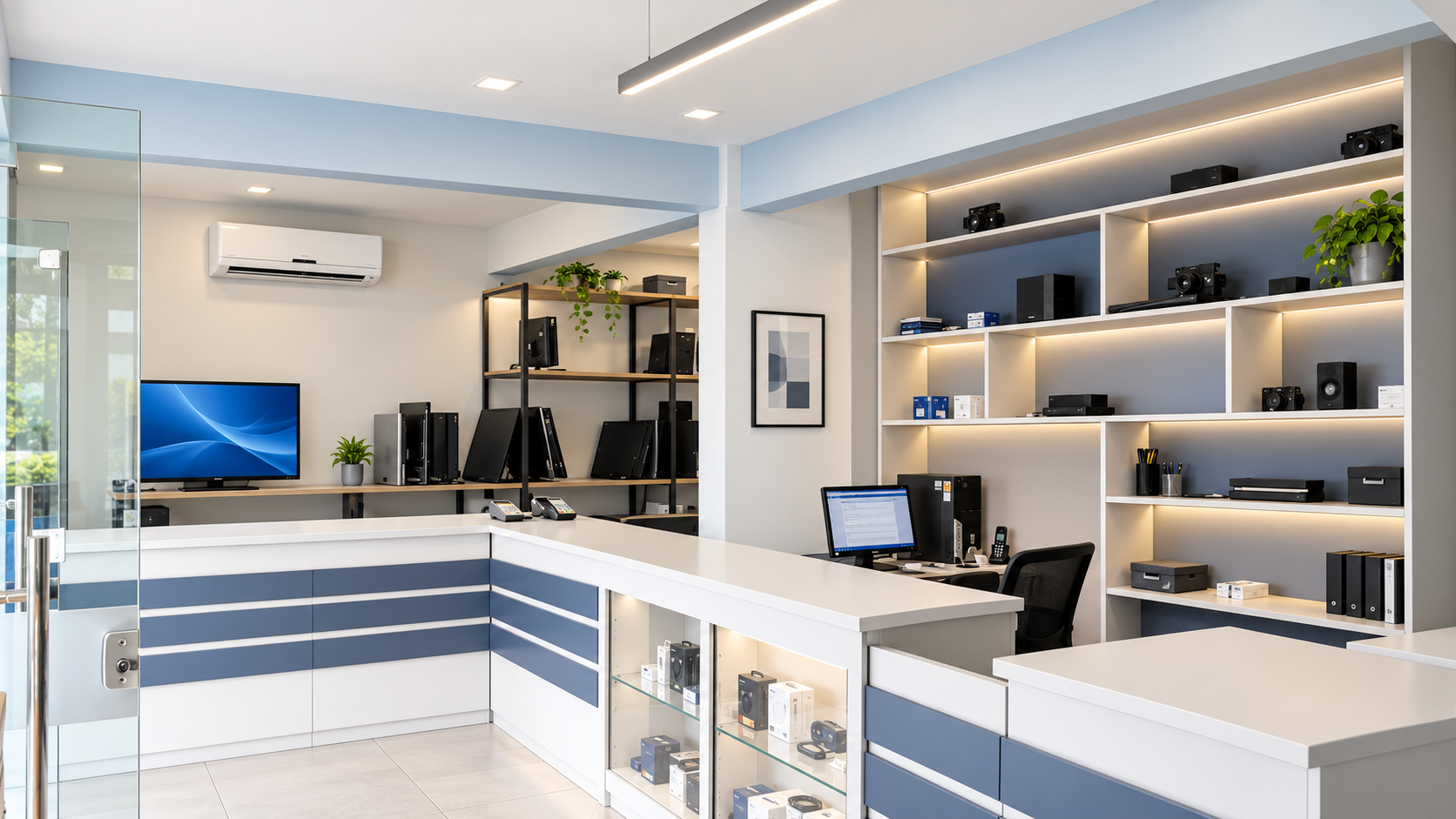 Simulação com IA da recepção modernizada da RGB Eletrônica, com balcão de atendimento e prateleiras iluminadas